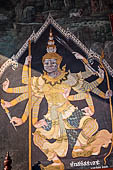 Bangkok Grand Palace, murals of the gallery of the Wat Phra Kaew, Thao Sahatsadecha one of the main demons characters in the Ramakien, depicted with multiple arms and wearing a crown with multiple faces. 